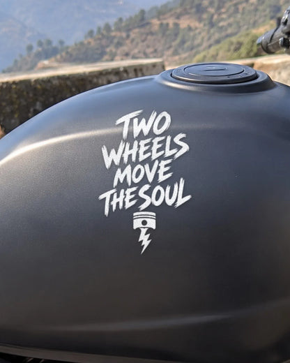 Two Wheels Move the Soul bike patch in white ink on a bike