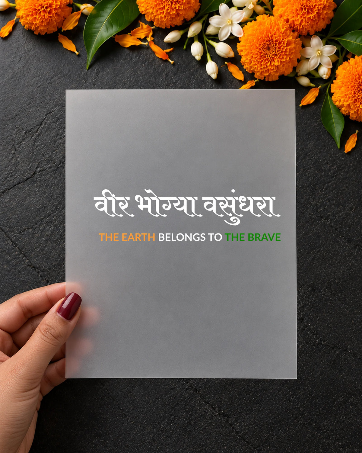 Veer Bhogya Vasundhara iron-on patch in hand
