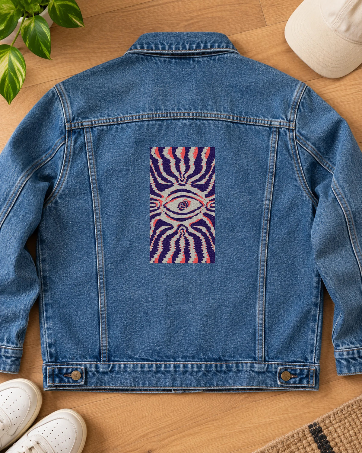 Warped Reality iron-on patch on clothes