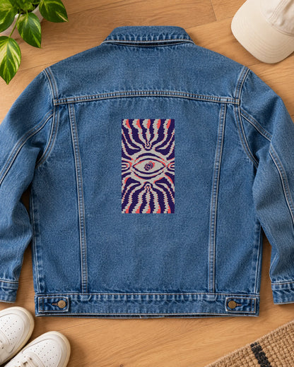 Warped Reality iron-on patch on clothes