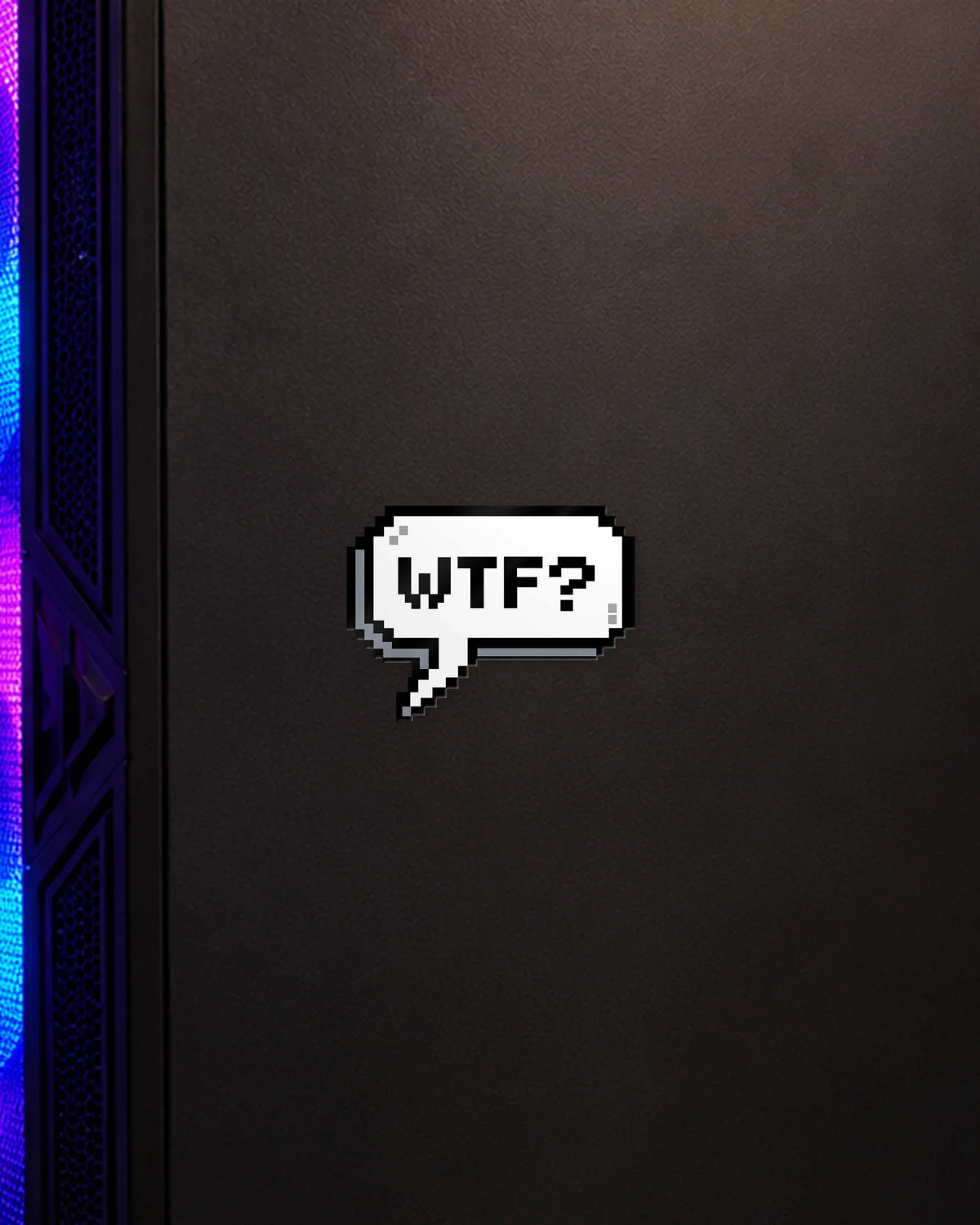 WTF? gamer patch on a gaming PC cabinet