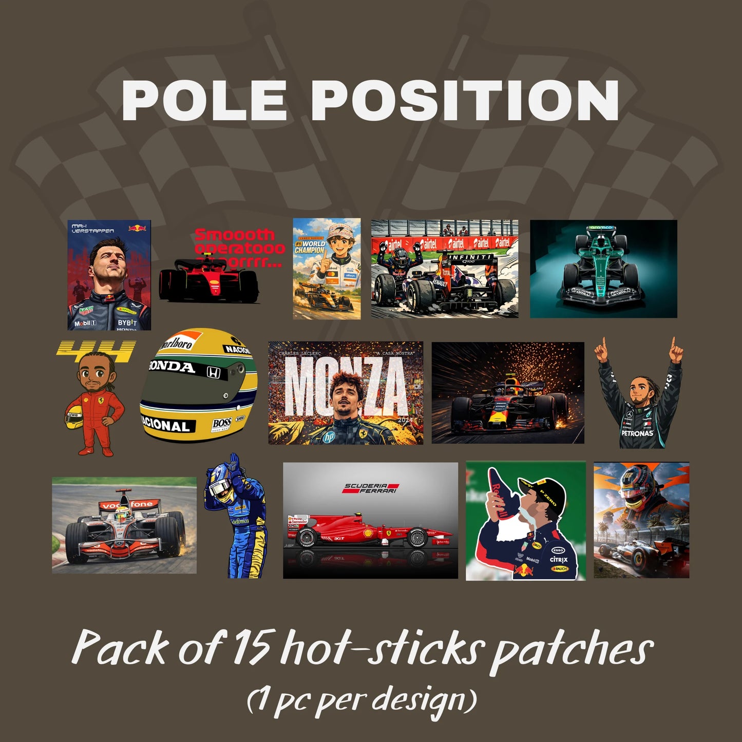 Pole Position | Pack of 15 Hot-Sticks | Iron on patches