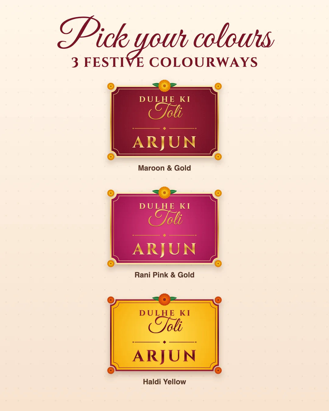 Groom Squad sample: 3 festive colourways